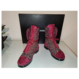 Chanel-green 18K Suede Pearl Chain Logo Lace Up short Boots  PINK-Pink