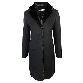 Jil Sander Langer Kunstpelzmantel aus schwarzer Wolle und Angora Schwarz