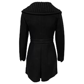 Prada-Prada Double Breasted Pea Coat with Knitted Collar in Black Virgin Wool-Black