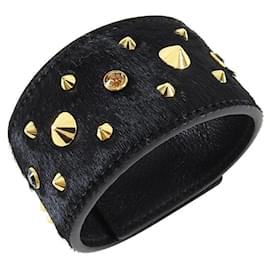 MCM-MCM Black Calf Hair Gold Swarovski Stud Leather Cuff Bracelet-Black