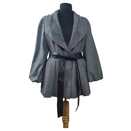 Jaeger Wool Blazer Jacket Grey with Black Faux Leather Belt Grey