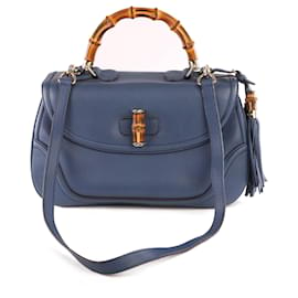 Gucci-Gucci Navy Blue Leather Large New Bamboo Tassel Top Handle Bag-Blue,Navy blue