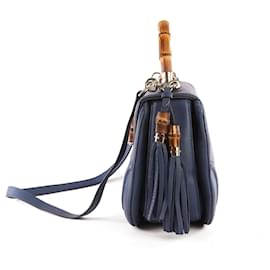 Gucci-Gucci Navy Blue Leather Large New Bamboo Tassel Top Handle Bag-Blue,Navy blue