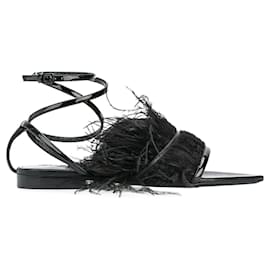 Saint Laurent-Feather Satin Flat Sandals-Black