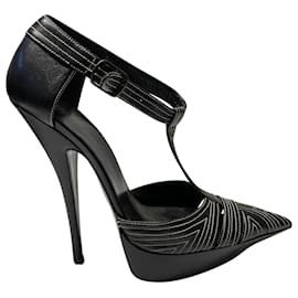 Balenciaga-Balenciaga T-Strap Contrast Stitch Heels in Black Leather-Black