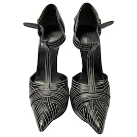 Balenciaga-Balenciaga T-Strap Contrast Stitch Heels in Black Leather-Black