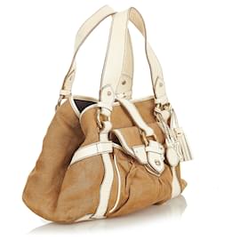 Céline-Celine Brown Canvas Handbag-Brown,White