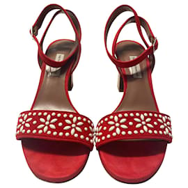Tabitha Simmons-Tabitha Simmons Gia Bead Embellished Sandals in Red Suede-Red