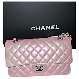 Chanel-Chanel Irisierendes Kalbsleder & silberfarbene Metalltasche-Pink