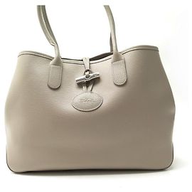SAC A MAIN LONGCHAMP ROSEAU L EN CUIR GRIS CABAS GREY LEATHER TOTE HAND BAG Gris