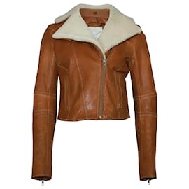 Adam Lippes-Adam Lippes Jacket with Sheepskin Collar in Brown Leather-Brown