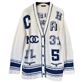 Chanel iconic 2019 Runway Boucle Varsity Cardigan Blue Beige Cream Navy blue