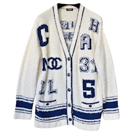 Chanel-iconico 2019 Cardigan Varsity in bouclé di sfilata-Blu,Beige,Crudo,Blu navy