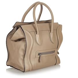 Céline-Celine Brown Mini Luggage Leather Tote Bag-Brown,Beige