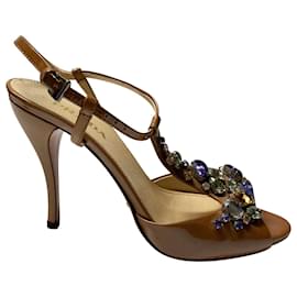 Prada-Prada Crystal Embellished Ankle Strap Sandals in Beige Patent Leather-Beige