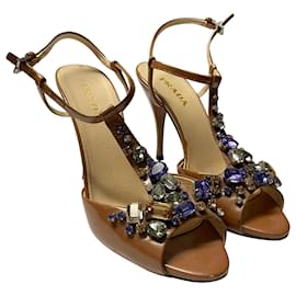 Prada-Prada Crystal Embellished Ankle Strap Sandals in Beige Patent Leather-Beige