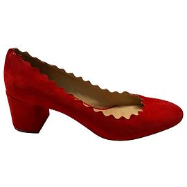 Chloé Chloe Scalloped Court Shoes in Red Suede Red