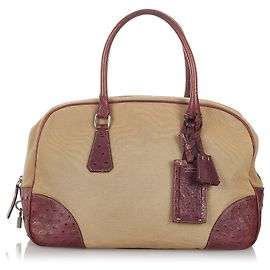 Prada Braune Canapa Bauletto Canvas Handtasche Braun Beige Dunkelbraun