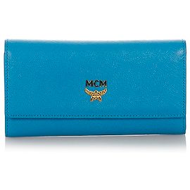 MCM Blue Ivana Bloom Leather Wallet Blue
