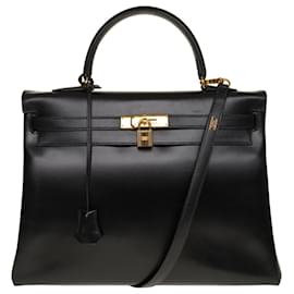 Hermès-Exceptional Hermes Kelly bag 35 returned shoulder strap in black box leather, gold plated metal trim-Black