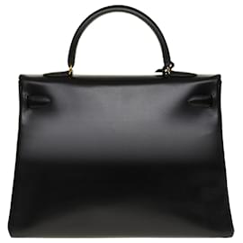 Hermès-Exceptional Hermes Kelly bag 35 returned shoulder strap in black box leather, gold plated metal trim-Black