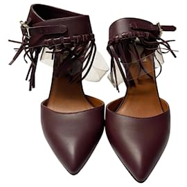 Valentino Garavani-Valentino C-Rockee Fringe Ankle Strap Sandals in Burgundy Leather -Dark red