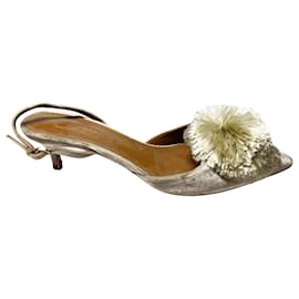 Aquazzura-Aquazzura Powder Puff Pompom-Embellished Slingback Pumps in Light Grey Velvet-Grey