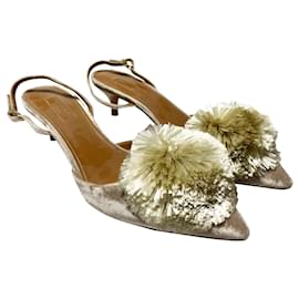 Aquazzura-Aquazzura Powder Puff Pompom-Embellished Slingback Pumps in Light Grey Velvet-Grey