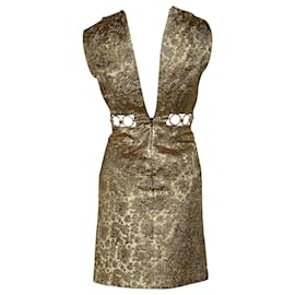 Michael Kors-Michael Kors Floral Metallic-Embroidered Brocade Dress in Metallic Gold Polyester-Golden,Metallic