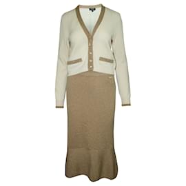 Chanel-Cashmere Classic Ivory & Light Brown Jacket and Skirt Set-White,Cream
