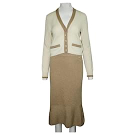 Chanel-Cashmere Classic Ivory & Light Brown Jacket and Skirt Set-White,Cream