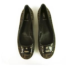 Fendi-FENDI Zucca FF monogram Brown Leather & Canvas Studded Ballerina Ballet Flats 38-Brown