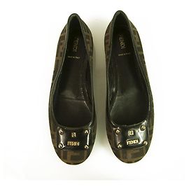FENDI Zucca FF monogramma Ballerine in pelle e tela con borchie marroni 38 Marrone
