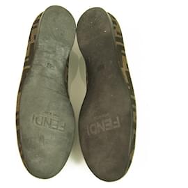Fendi-FENDI Zucca FF monogram Brown Leather & Canvas Studded Ballerina Ballet Flats 38-Brown