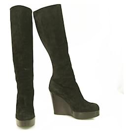 Christian Louboutin-Christian Louboutin Black Suede Wooden Wedge Platform Shoes Boots Size 37.5-Black
