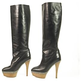 Marni-MARNI Black Leather Platform Knee Height Boots Wooden Heels square front 36-Black