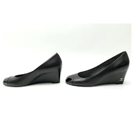 Chanel-CHANEL G SHOES27028 36.5 BLACK LEATHER WEDGE PUMPS + BOX-Black