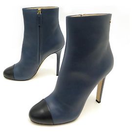 SAPATOS NOVOS CHANEL G33306 PRETO AZUL DE DOIS TONS COURO TORNOZELO BOTAS CURTAS Azul marinho