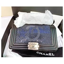 Chanel-Bolsa masculina rara Chanel CC cravejada de cristal-Preto,Azul escuro