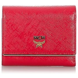MCM Red Visetos Leather Small Wallet Red