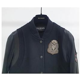 Balmain-Balmain Leather Sleeves Embellished Bomber Jacket-Multiple colors