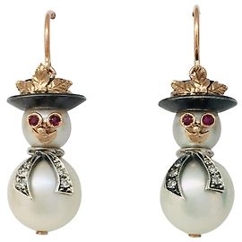 inconnue Orecchini "Pupazzi di neve", Perline, rubino, Diamants, oro rosa e argento. Altro