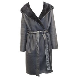 The Row Riona Hooded Belted Shearling Coat in Black Leather Black