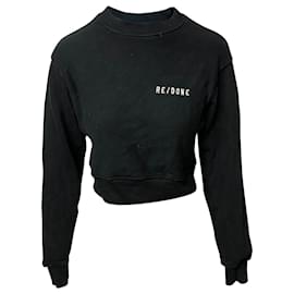 Re/Done-Re/done Cropped Crewneck Sweatshirt in Black Cotton-Black