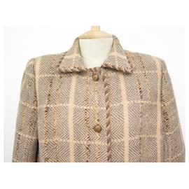 Chanel-VINTAGE COAT CHANEL LONG TWEED BROWN M 40 WOOL BUTTONS LOGO CC COAT-Brown
