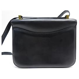 Hermès-VINTAGE HERMES CONSTANCE HAND BAG IN BLACK BOX LEATHER BUCKLE H HAND BAG-Black