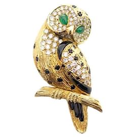 Van Cleef & Arpels-RARE VAN CLEEF & ARPELS OWL BROOCH IN YELLOW GOLD 18K DIAMONDS ONYX OWL BROOCH-Golden