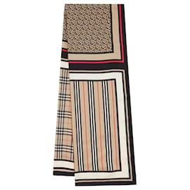 Burberry-Silk scarf with Monogram, iconic stripes and Burberry check-Beige