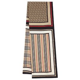 Écharpe en soie avec Monogram, rayures iconiques et check Burberry Beige