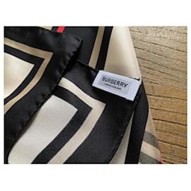Burberry-Silk scarf with Monogram, iconic stripes and Burberry check-Beige